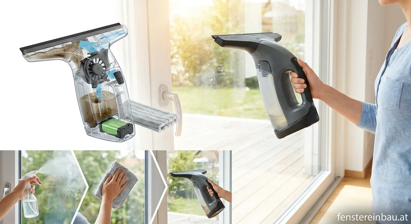 Ein moderner Fenstersaugersauge saugt Wasser von einer Fensterscheibe ab