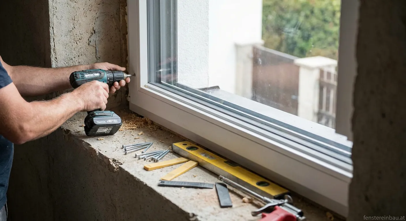 Handwerker nutzt Akkuschrauber für die Fenstermontage