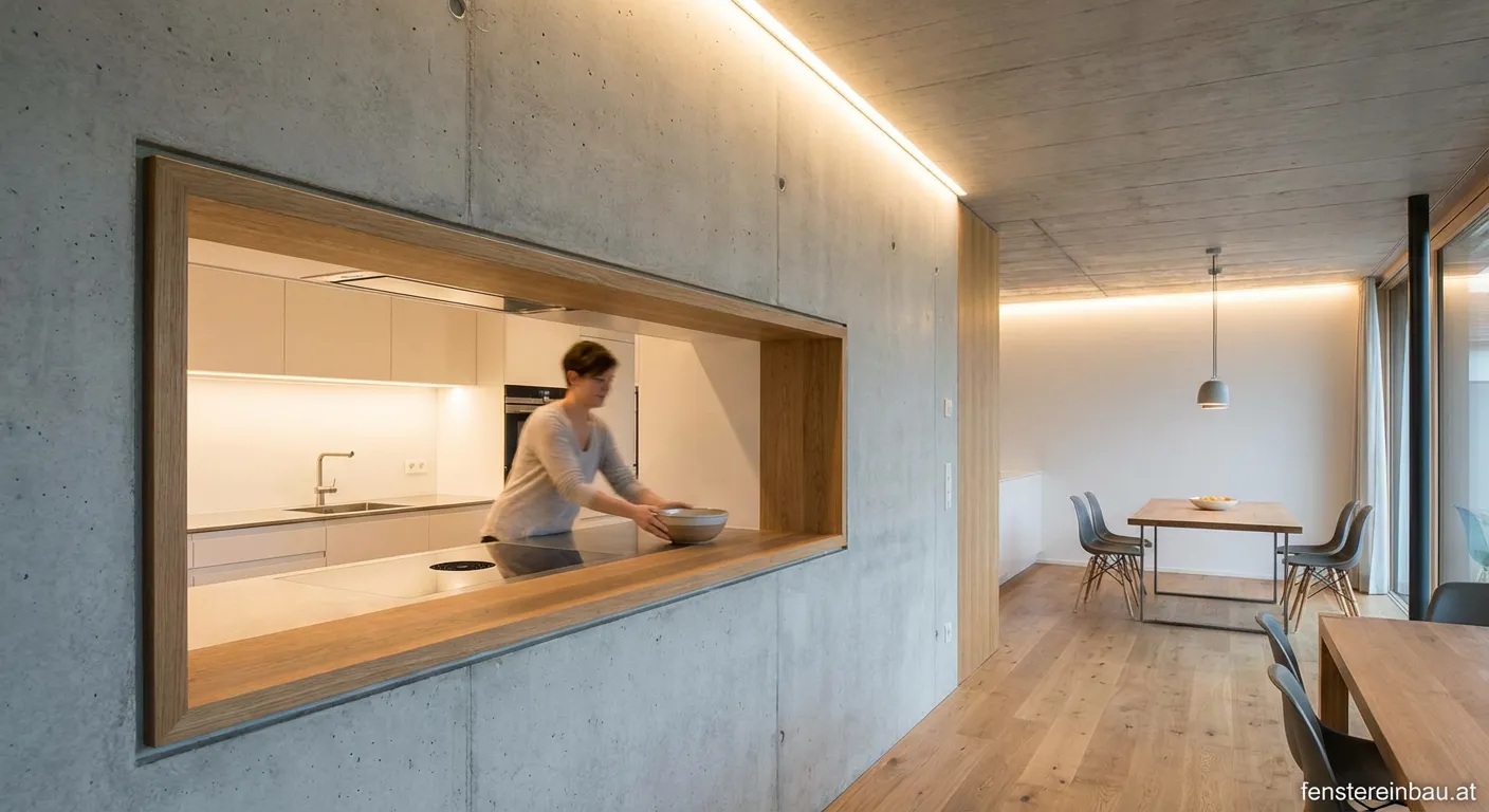 Moderne Küchendurchreiche zum Esszimmer mit minimalistischem Design