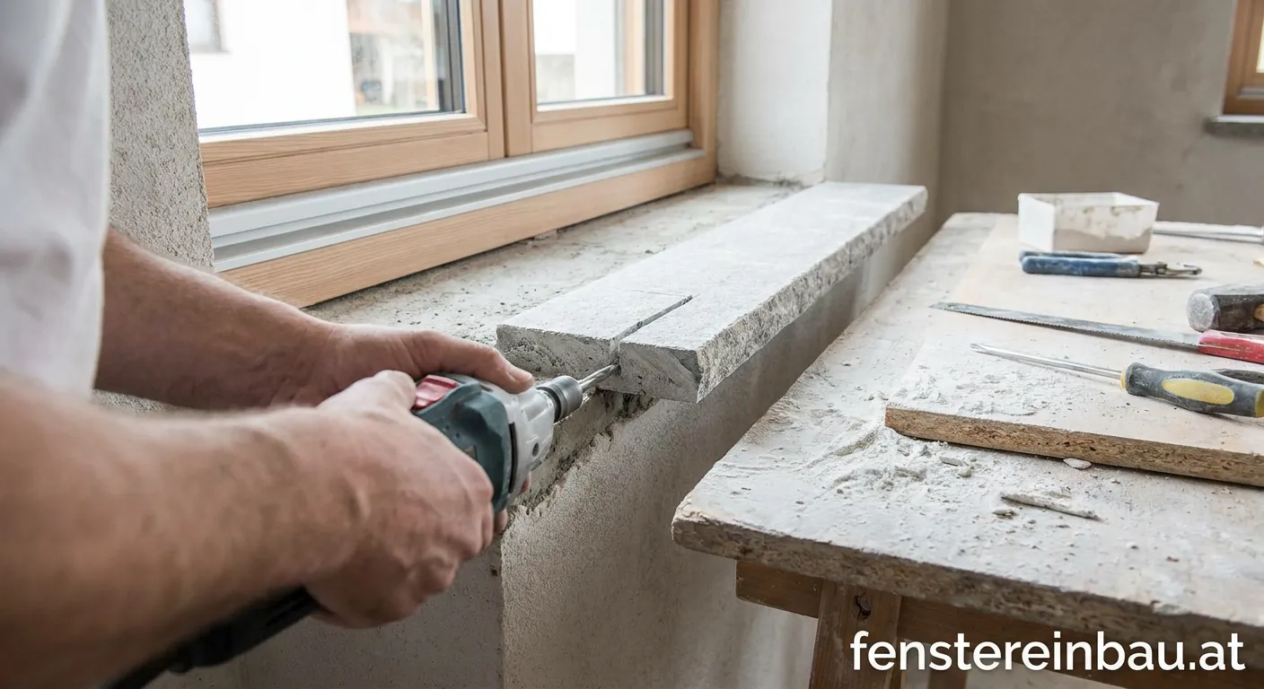Handwerker beim Ausklinken einer Fensterbank mit Kreissäge