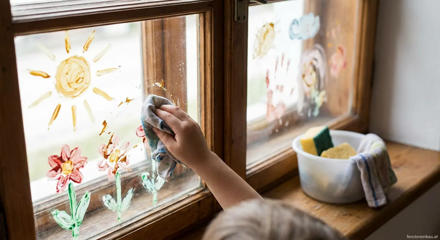 Kindermalte bunte Fensterbilder mit Fingerfarben auf Glasscheibe