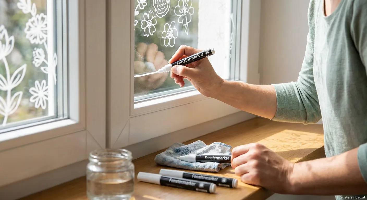 Fenstermarker mit Kreide auf Glasscheibe im Einsatz