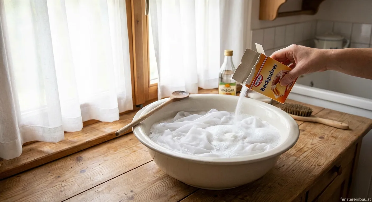 Weiße Gardinen hängen am Fenster nach der Reinigung