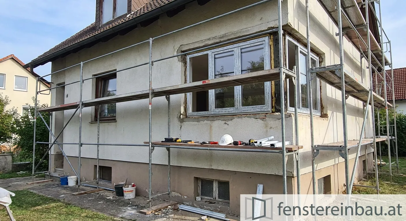 Gerüststellung für Fenstertausch im Obergeschoss an einem Einfamilienhaus
