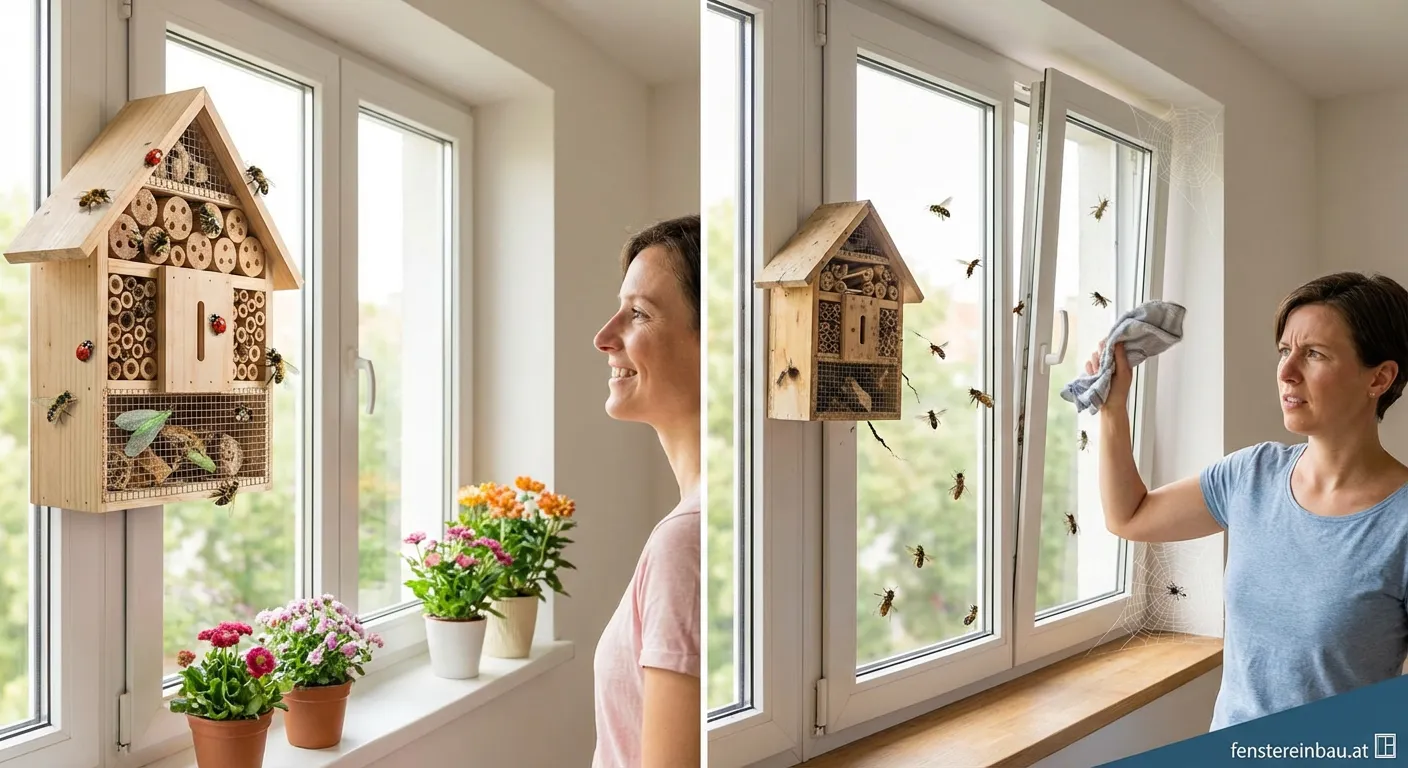Insektenhotel am Fensterrahmen montiert mit Wildbienen