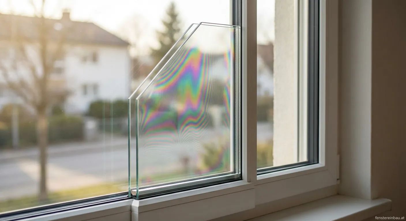 Regenbogeneffekt auf einer Isolierglasscheibe bei Tageslicht