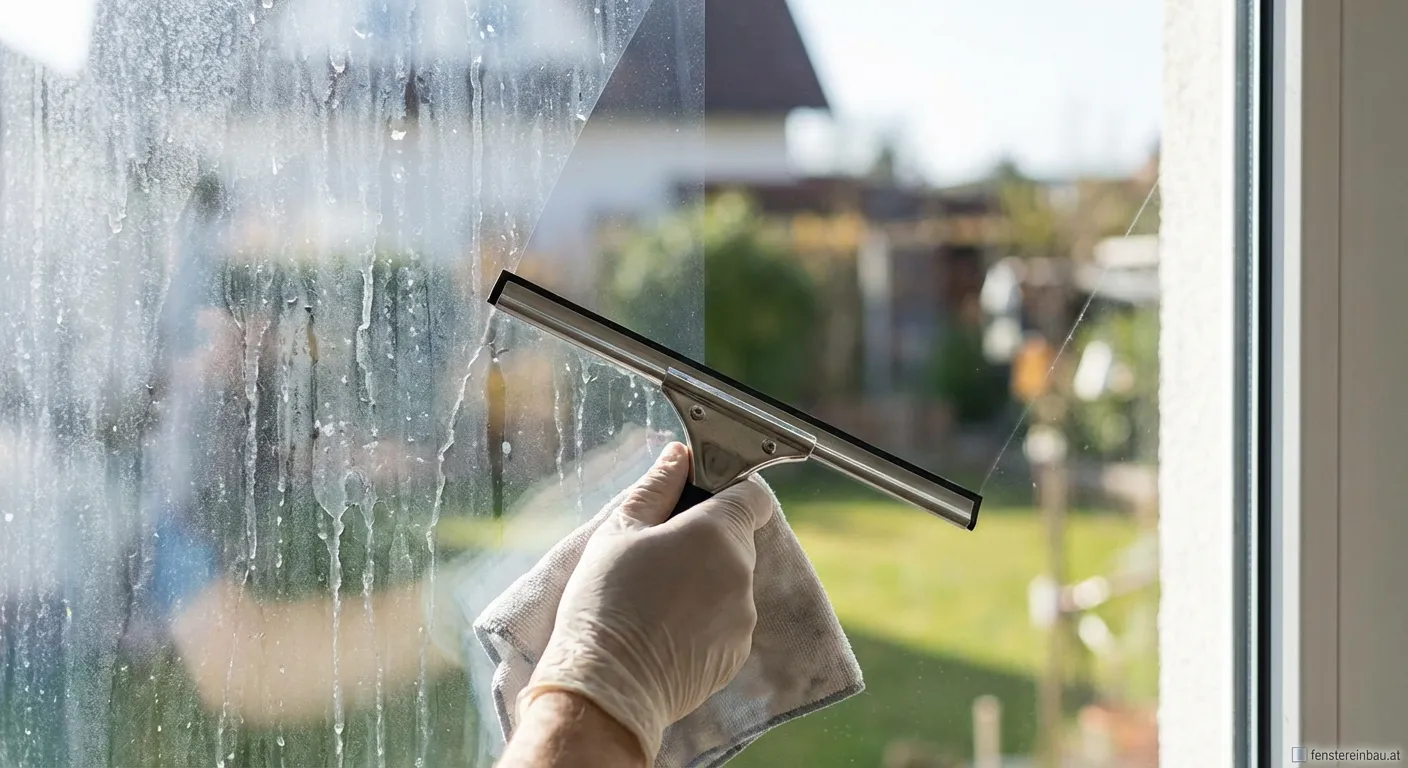 Sauberes Fenster ohne Kalkflecken mit grünem Hintergrund