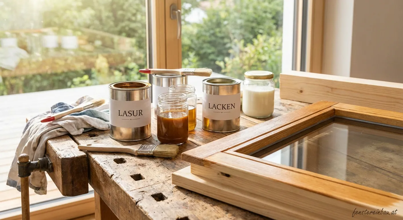 Mann streicht Holzfenster mit Pinsel und Lasur als Schutz vor Witterung