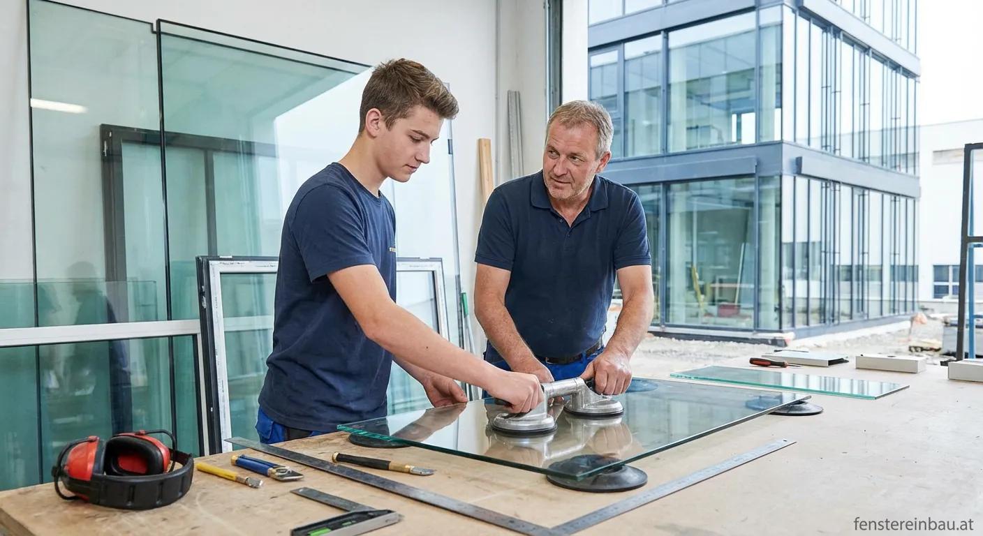 Lehrling bei der Lehre zum Glasbautechniker beim Zuschneiden einer Glasscheibe