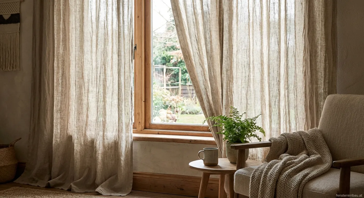 Leinenvorhänge mit natürlichem Knitter-Look an Fenster