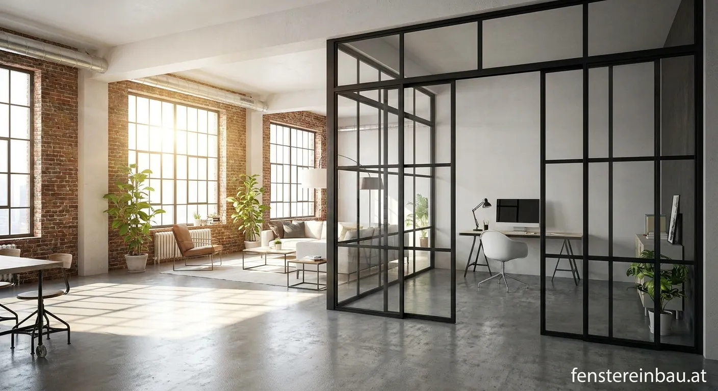 Loft-Verglasung als eleganter Raumtrenner im modernen Wohnzimmer