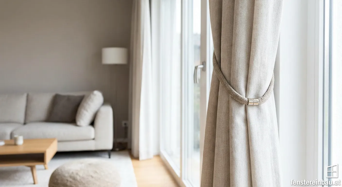 Elegante magnetische Vorhanghalter an einem beigen Vorhang im Wohnzimmer