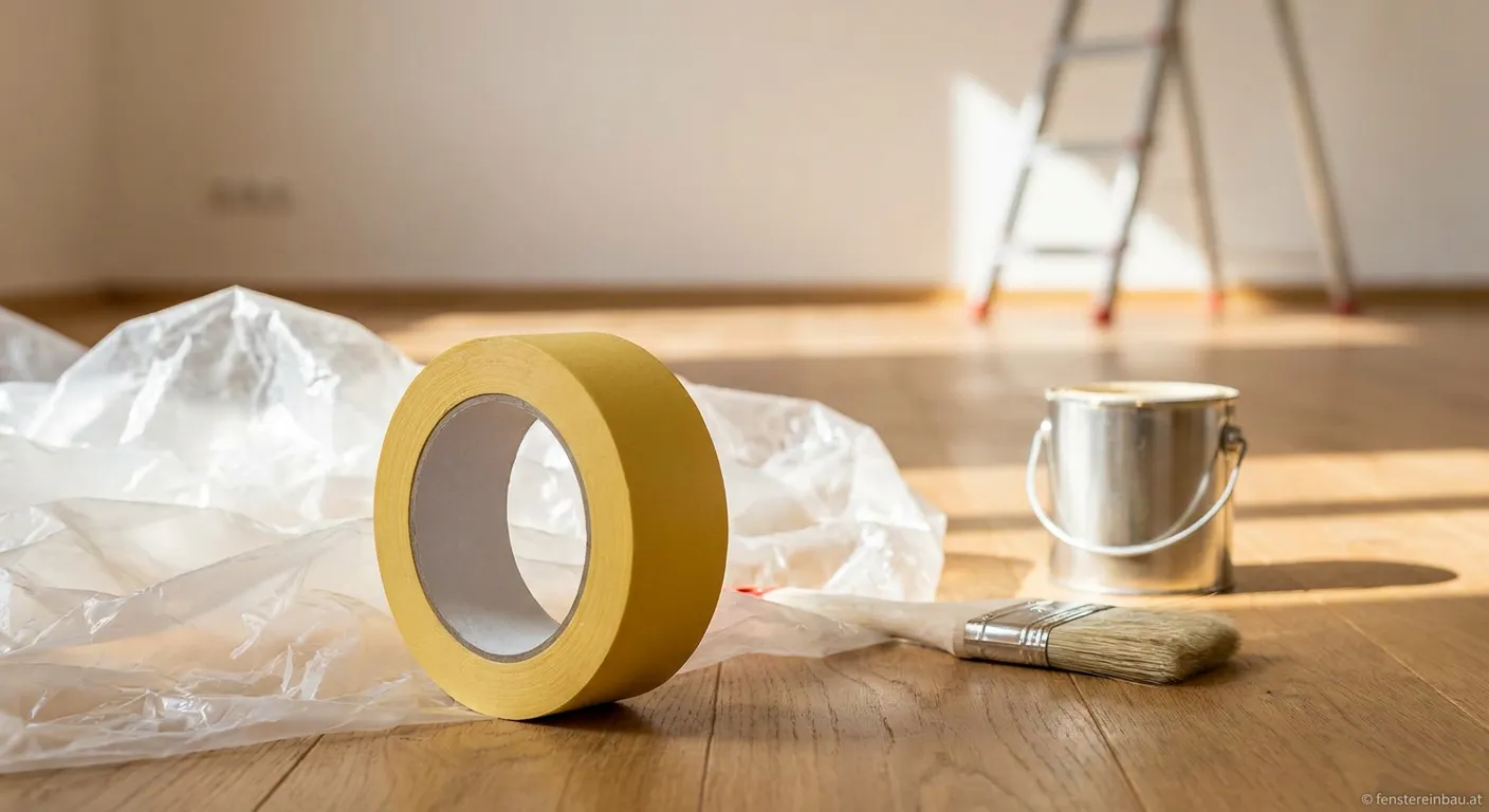 Malerfolie mit Klebeband Goldband auf Baustelle