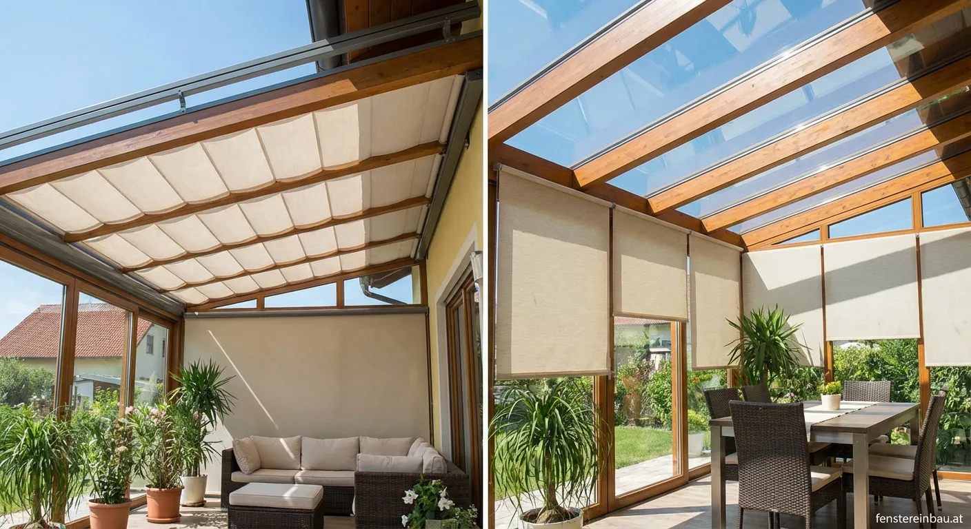 Markise über und unter einem Glasdach im Vergleich