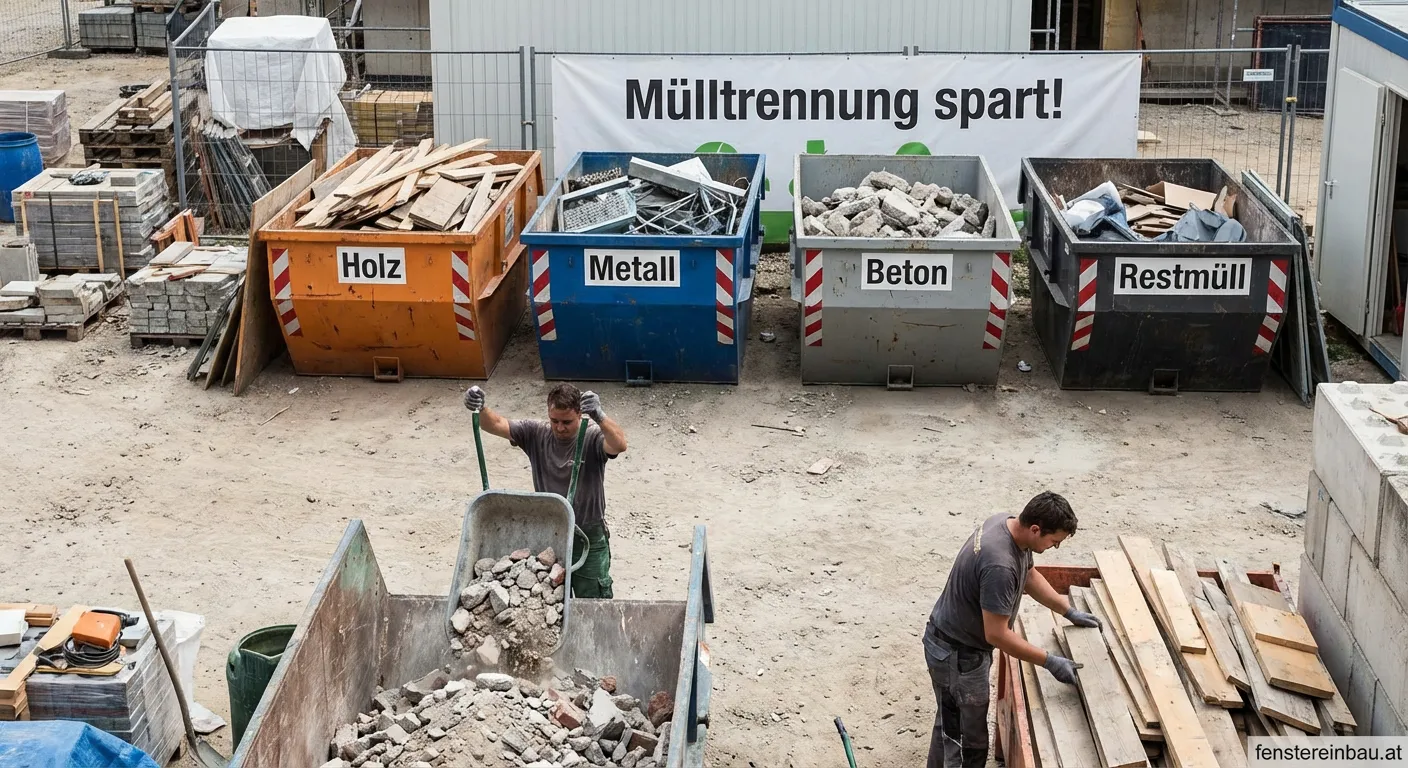 Container für Mülltrennung auf der Baustelle sortiert nach Bauschutt und Holz