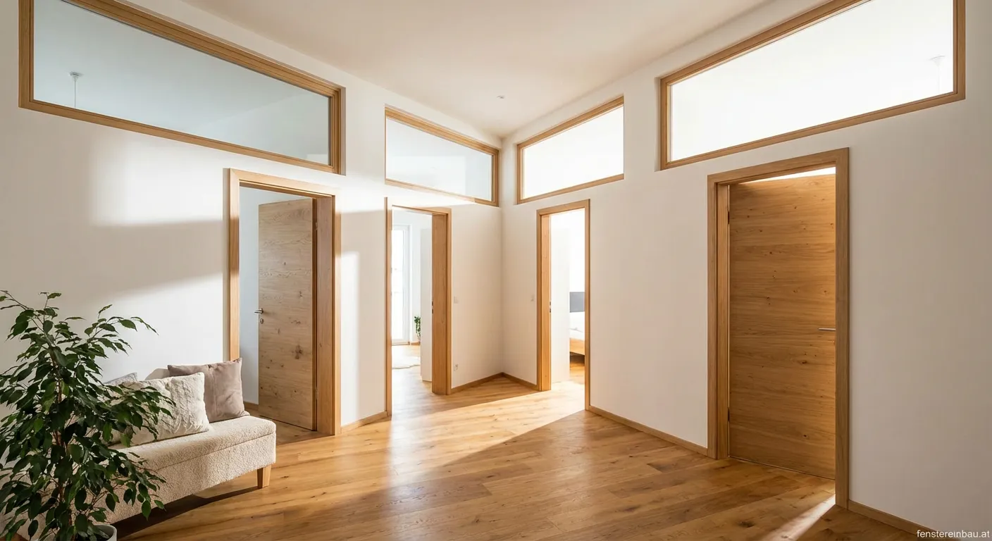 Modernes Oberlicht über Innentür in hellem Flur