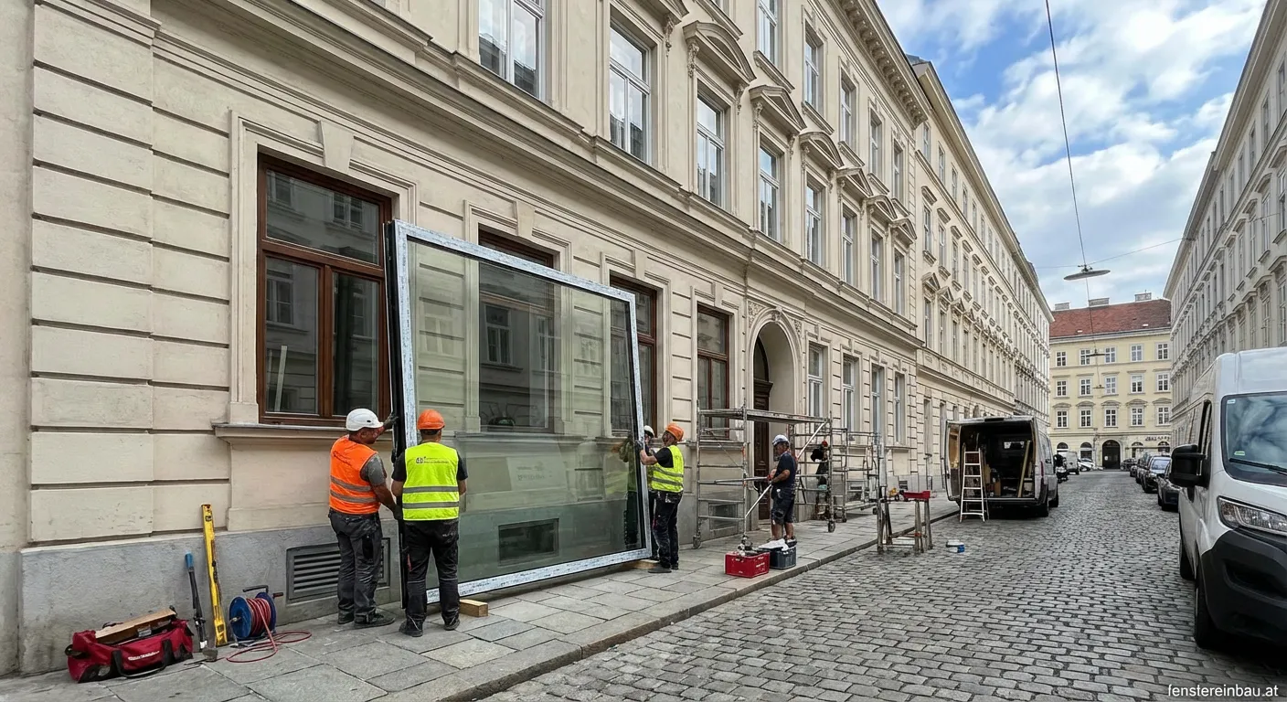 Handwerker bei der Fenstermontage in Wien mit Werkzeug