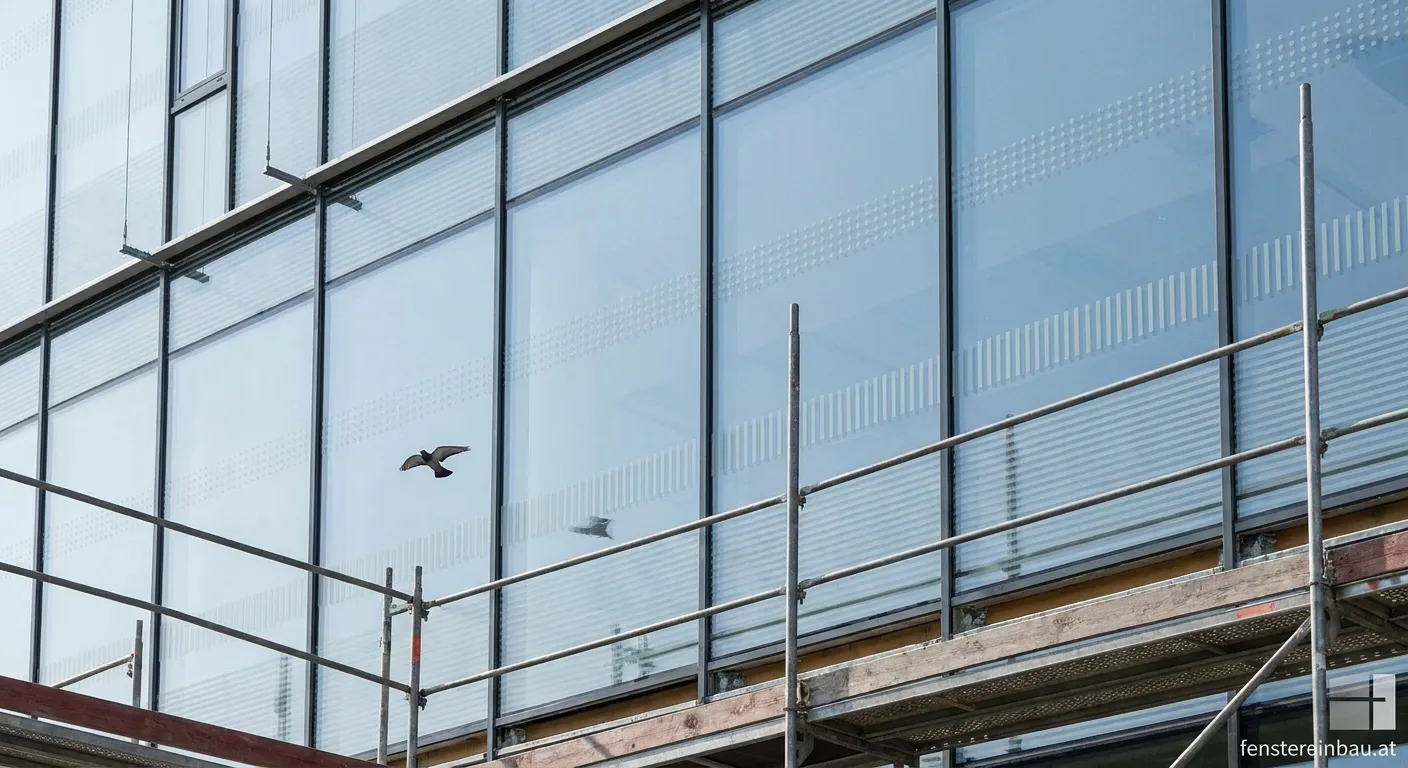 Panoramafenster mit dezentem Vogelschutzmuster gegen Vogelschlag