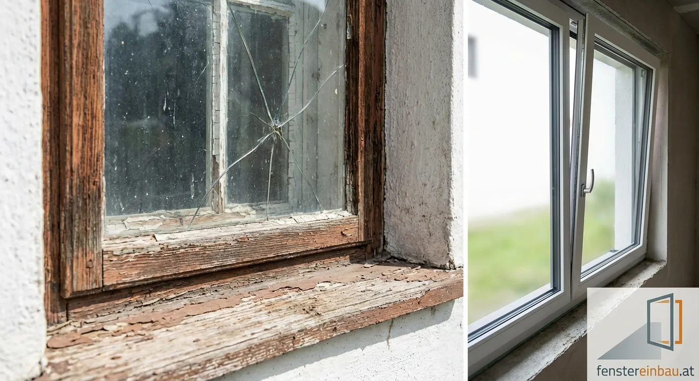 Beschädigtes altes Fenster mit Kondenswasser zwischen den Scheiben