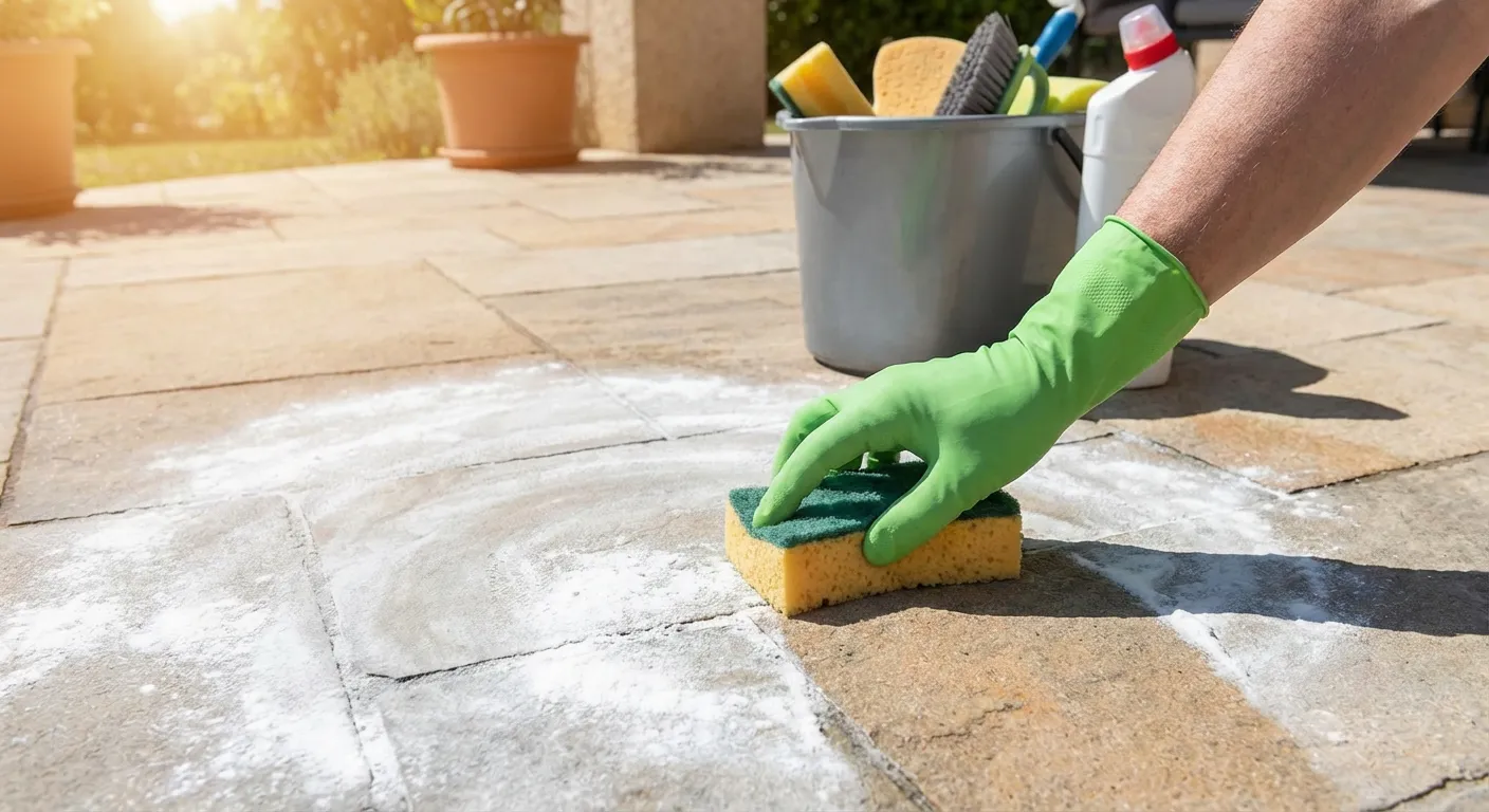 Anwendung von Zementschleier Entferner auf Naturstein